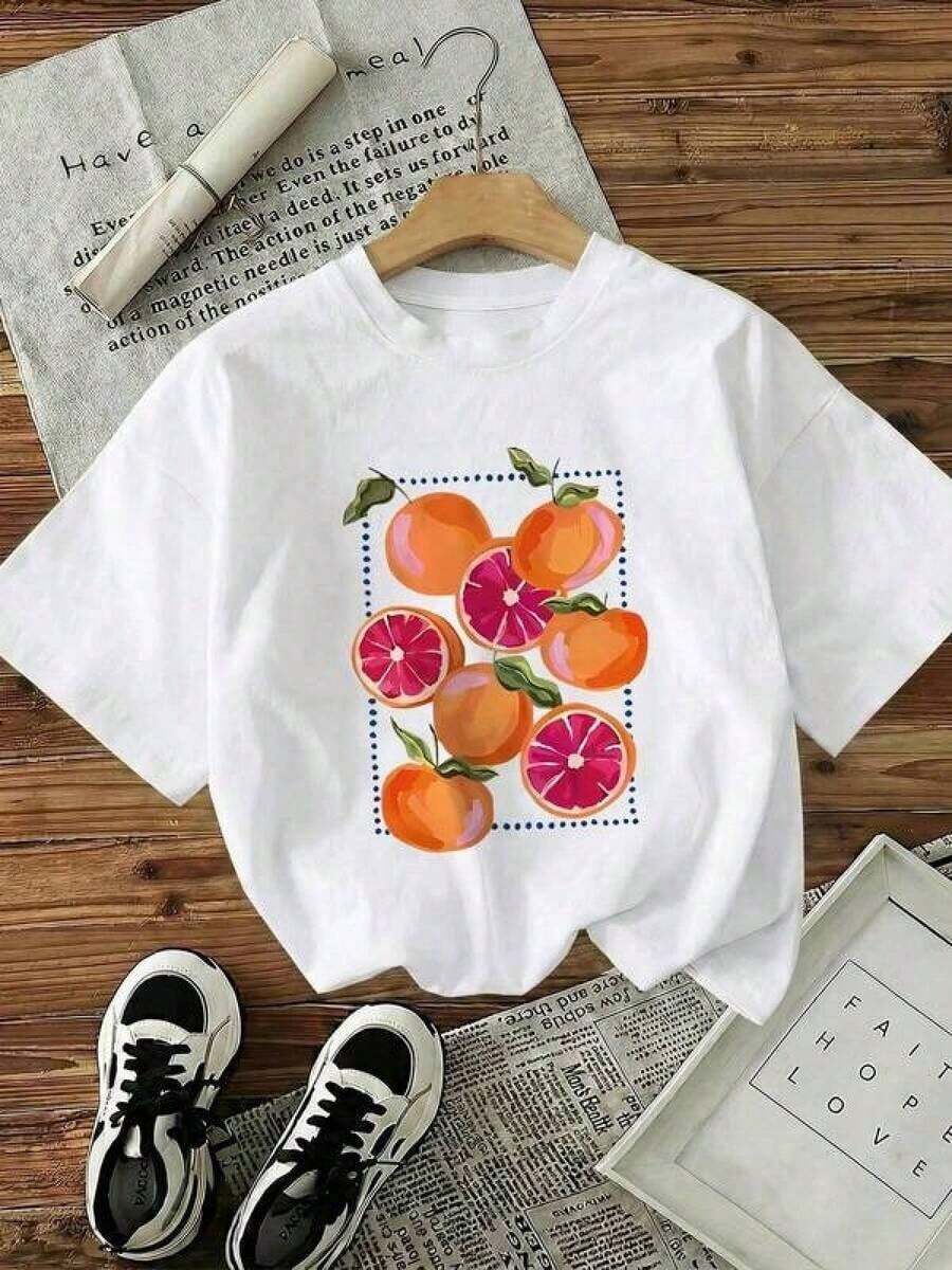 Y2K Style Casual T-Shirt, Summer Top, 100% Pure Cotton, Soft T-Shirt With Fun And Cute Prints, Short Sleeve T-Shirt With Fruit Prints And Orange Cartoon Letters, Suitable For Various Occasions, Can Be Used As A Gift For Festivals, Birthdays, Music Festivals, Casual And Versatile, Comfortable, Suitable For Beach Vacations, Simple And Fashionable, Suitable For Daily Wear By Women And Girls. YUKA 100% Durable Cotton - 白色 - 查看 1