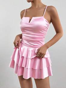 Vestido Plisado Soltero Cuello Escotado Nueva Llegada - Rosa - Ver 4