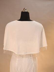 1pc White Printed Short Crystal Tassel Women's Cape, Suitable For Wedding, Party, And Formal Occasions - White - View 6