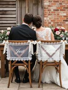 1 bộ biển trang trí ghế cưới bằng ren voan mỏng "Just Married" dành cho cô dâu và chú rể, trang trí ghế cưới phong cách Boho, băng rôn trang trí ghế cưới. - Nhiều màu - Xem 6