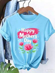 Camiseta de manga corta para mujer, estampado floral "Feliz Día de la Madre", cuello redondo, lavable a máquina, suave al tacto, transpirable, adecuada para primavera, verano y otoño. Cálido, personalizado, informal, fácil de combinar, adecuado para el uso diario. Top de Mujer en Tallas S-XXL. Adecuado para celebraciones del Día de la Madre, salidas familiares y otras ocasiones. - Azul - Ver 4