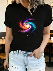 Camiseta de verano para mujer de manga corta con estampado, moderna y casual, lavable a máquina, ajuste cómodo con estampado plano 2D. - Negro_08 - Ver 9