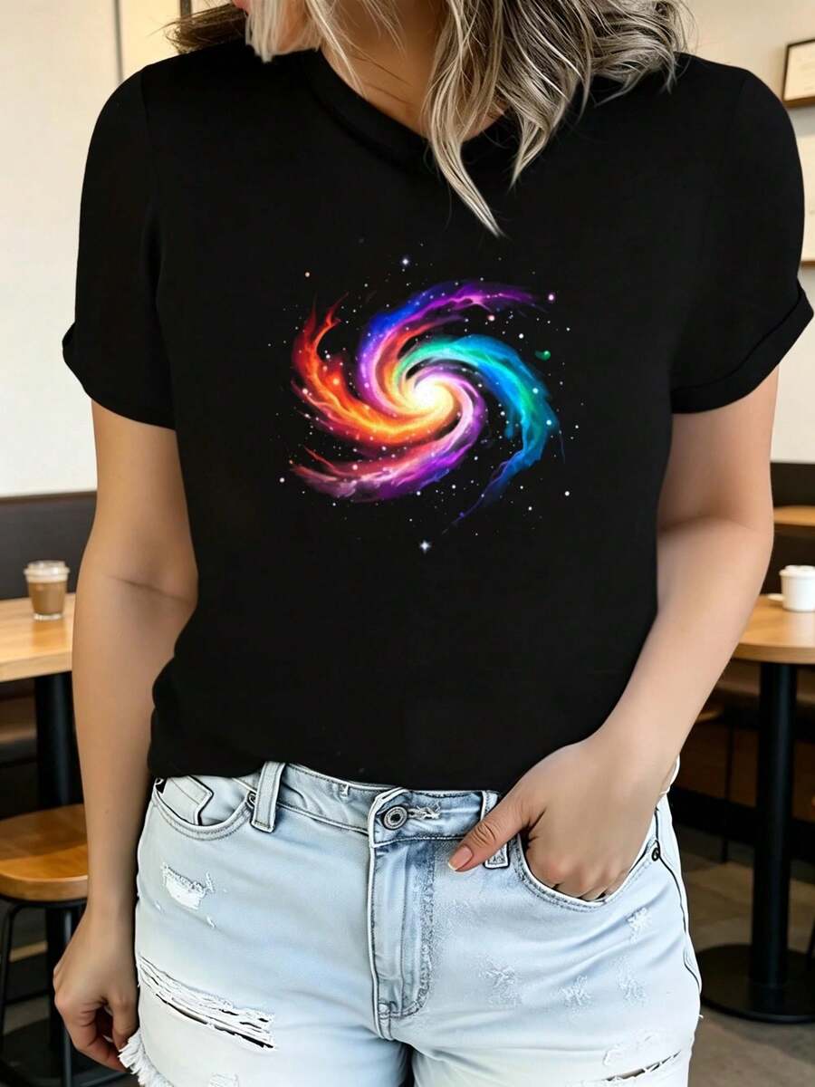Camiseta de verano para mujer de manga corta con estampado, moderna y casual, lavable a máquina, ajuste cómodo con estampado plano 2D. - Negro_07 - Ver 1