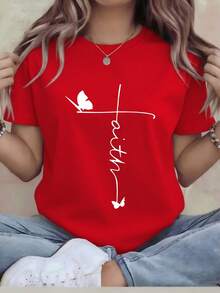 Camiseta de verano para mujer, una camiseta casual de manga corta para mujer, con un diseño divertido, material suave, perfecta para el estilo urbano, disponible en varias tallas para adaptarse a diferentes tipos de cuerpo. - Rojo - Ver 1