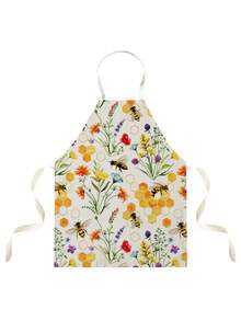 1pc Bee & Floral Pattern Single-Sided Printed Apron, Unisex Home Kitchen Neck-Tie Apron, Home Decor Cooking Protective Apron - Multicolor - View 5