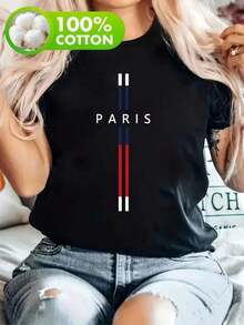 Women's Paris Pattern T-Shirt - Black With White Print - Soft And Breathable Casual Top - Loose Crew Neck Design - Machine Washable, Summer Clothes, Urban Fashion, Comfortable Fabric, Short Sleeve, Fashionable Style - 黑色 - 查看 1