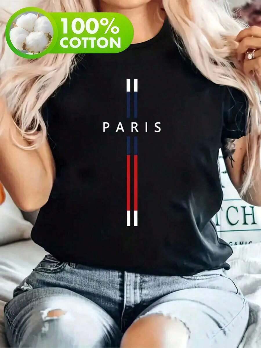 Women's Paris Pattern T-Shirt - Black With White Print - Soft And Breathable Casual Top - Loose Crew Neck Design - Machine Washable, Summer Clothes, Urban Fashion, Comfortable Fabric, Short Sleeve, Fashionable Style - 黑色 - 查看 1