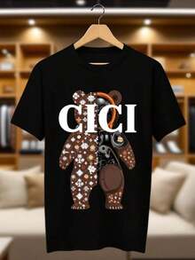 Women's Brown Teddy Bear T-Shirt With Clock, 100% Breathable, Round Neck, White, Casual And Simple, Machine Washable, Comfortable And Fitted, Summer Gift For Family - Black - View 4