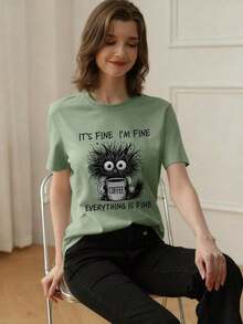 Women's Short-Sleeved T-Shirt With A Round Neck, Casual Style, Loose Fit, Slogan Print, New Summer Collection, Ideal For Everyday Wear And Holidays. Women's T-Shirt. White - 綠色 - 查看 2