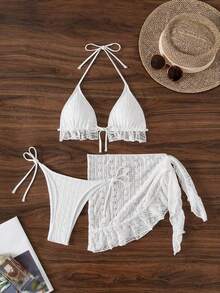 Conjunto de bikini de 3 piezas con tapa de falda, estilo de vacaciones en la playa, para mujer, con bikini halter sin espalda y encaje sexy - Blanco - Ver 6
