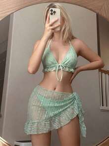 Conjunto de bikini de 3 piezas con tapa de falda, estilo de vacaciones en la playa, para mujer, con bikini halter sin espalda y encaje sexy - verde menta - Ver 3