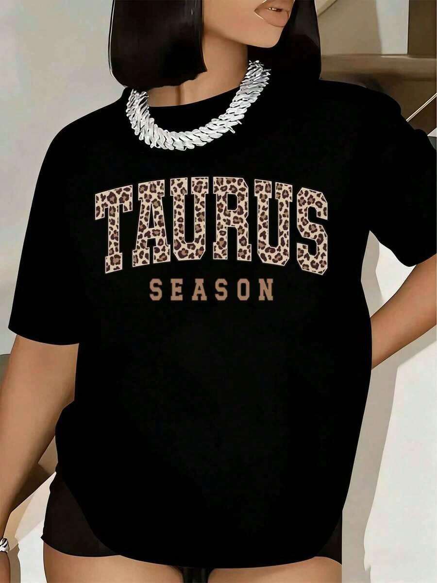Women's T-Shirt Taurus Season Leopard Print Graphic Text Short Sleeve Round Neck Casual Streetwear Fashion Zodiac Sign Celebration T-Shirt Party Outfits 220g - 黑色 - 查看 1