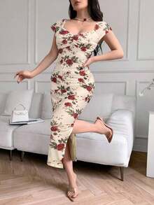 Vestido ajustado estampado casual para mujer - Albaricoque - Ver 4