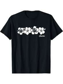 Camiseta unisex con estampado de flor de hibisco, estilo souvenir hawaiano, top cómodo, camisa de manga corta con cuello redondo, estilo casual de moda urbana. - Negro - Ver 6