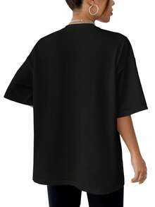 Women's Lightweight Loose-Fitting Clothing, Loose-Fitting Women's T-Shirt, Casual Short-Sleeved Top With Round Neck, Slightly Stretchy Fabric, Machine Washable, Comfortable Fit Suitable For All Seasons, Women's T-Shirt, Unique 2D Flat Print T-Shirt, Comfortable Fit For Casual Daily Wear. - 黑色 - 查看 2