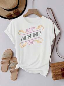 Soft 100% Cotton T-Shirt, Casual Short-Sleeved Crew Neck T-Shirt For Women, With Creative Valentine's Day Prints, Simple Design, Ideal For Outdoor Activities, Comfortable And Versatile, The Perfect Choice For A Birthday Gift, Also A Good Option For Family And Friends. Breathable Cotton T-Shirt, Goes With Everything. - 白色 4 - 查看 1