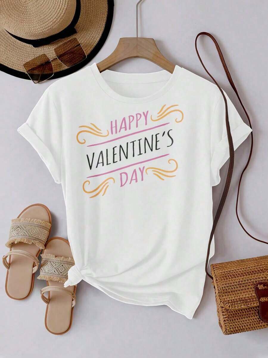 Soft 100% Cotton T-Shirt, Casual Short-Sleeved Crew Neck T-Shirt For Women, With Creative Valentine's Day Prints, Simple Design, Ideal For Outdoor Activities, Comfortable And Versatile, The Perfect Choice For A Birthday Gift, Also A Good Option For Family And Friends. Breathable Cotton T-Shirt, Goes With Everything. - 白色 4 - 查看 1