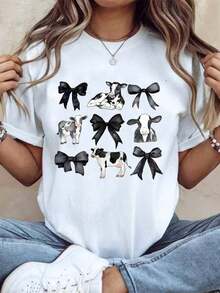 Women's Casual Graphic Short Sleeve T-Shirt With Cow Print And Bow, Casual Summer Top, Comfortable Fabric, Perfect For A Gift, Bohemian T-Shirt, Blouses For Women - 白色 - 查看 7