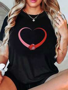 1 pieza de camiseta de mujer de talla grande con estampado de corazones entrelazados en degradado, estilo casual y a la moda, con cuello redondo para primavera-verano. Diseño creativo, cómoda para uso diario y salidas. 180g 100% algodón. - Negro - Ver 1