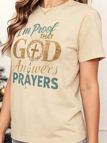Camiseta clásica con la frase Soy prueba de que Dios responde a las oraciones, declaración de fe cristiana para mujeres, ropa de inspiración religiosa, top con mensaje espiritual, blusas casuales para mujeres. - Albaricoque - Ver 3
