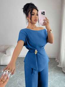 Elegante conjunto de dos piezas de moda urbana para mujer, adecuado para uso diario, bodas, galas, ir al trabajo, fiestas de graduación, vacaciones, citas, fiestas, Halloween, Navidad, Año Nuevo, Acción de Gracias.Pantalones anchos de cintura con hebilla metálica asimétrica de un hombro en color azul marino. - Azul lavado medio - Ver 7