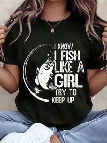 Women's Casual T-Shirt With 'Fish Like A Girl Try To Keep Up' Print, Round Neck, Summer Casual Wear, Gift, 220g, Long Sleeve - 黑色 - 查看 6