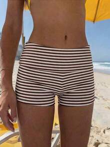 cortos de mujer Vaiaye de unicolor, ajuste delgado, cintura baja, mini shorts, estilo minimalista, adecuados para verano, playa bohemia, fiesta y uso diario - Rayas marrones y blancas - Ver 5