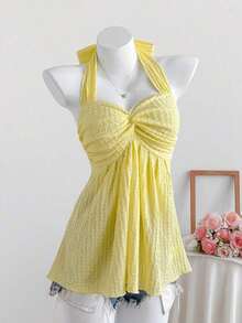 Top de tirantes con estampado de lunares marrones y detalle de nudo en la espalda para mujer, adecuado para verano, vacaciones de primavera, ceremonia de graduación, fiesta de boda, vacaciones elegantes, playa casual, estilo Y2K lindo y sexy y - Rosa 2 - Ver 4