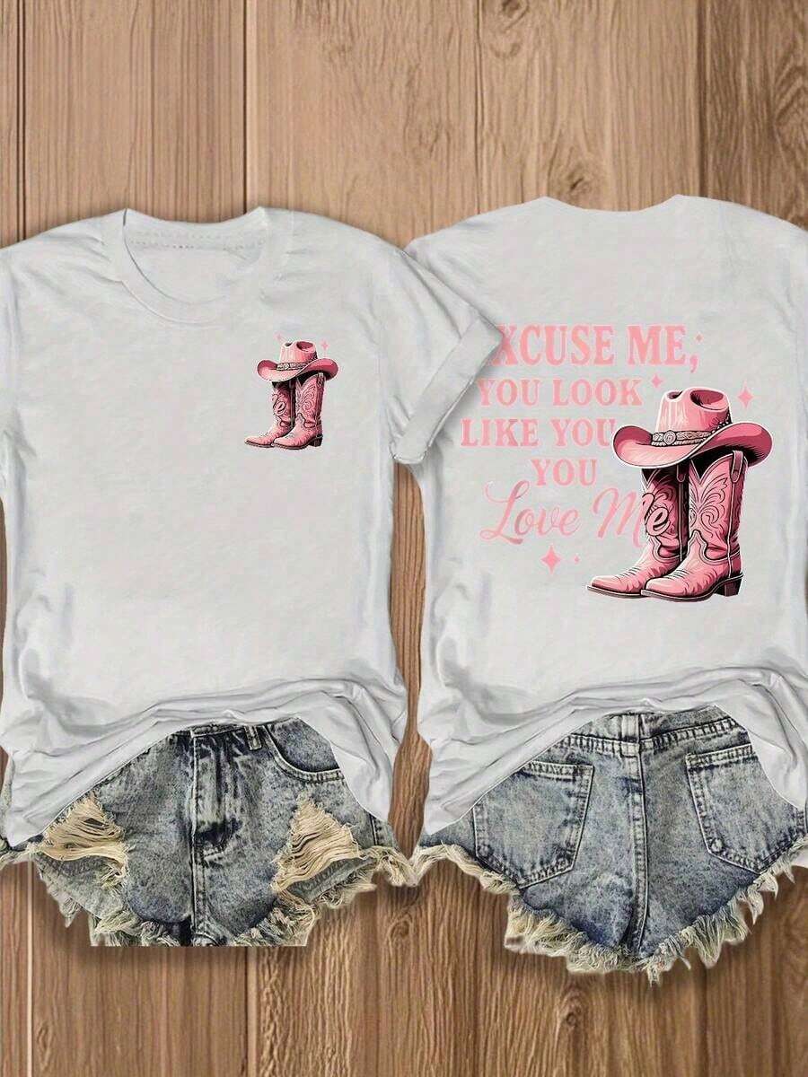 Women's Double-Sided Cotton T-Shirt With Colorful Print, Western Style, Featuring Cowboy Boots And Hat, Funny Slogan Tee, Perfect For Country Music Fans, Casual Top For Summer, New Arrival. - 白色 - 查看 1