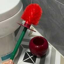 1pc Cherry Toilet Brush, Household Long Handle Soft Hair Toilet Brush, Plastic Cleaning Brush Toilet Brush Set, Suitable For Bathroom/Hotel Bathroom Decor Fall Decor - Red - View 3
