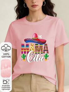 Camiseta de mujer 100% algodón, estampada con las palabras "MAMA Cita" y un diseño de sombrero y cactus de estilo mexicano. Cuello redondo, manga corta, cómoda y transpirable para el uso diario en verano. Ropa de verano para mujer. Camisetas para mujer. - Blanco - Ver 10