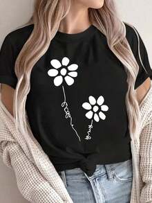 Short Sleeves. Women's Short Sleeve T-Shirt With Floral Print For Summer, Made Of Comfortable And Breathable Fabric, Perfect For A Casual Style, Ideal For Spring And Summer. Leisure - 黑色 - 查看 7