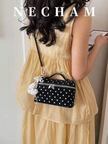 1pc Korean Ins Style Polka Dot Print Lunch Box Bag, Fashionable Daily Shoulder Bag (Accessories Not Included) - Black - View 2