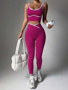 Dewbera Conjunto deportivo de mujer de dos piezas con bloques de color sin costuras, malla de yoga, conjunto de fitness, conjunto de entrenamiento de dos piezas, conjunto activo de dos piezas, conjunto deportivo negro de dos piezas - Rojo violeta - Ver 8