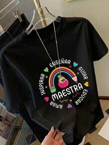 Fashion Printed T-Shirts For Women, Oversized Streetwear Tops, Comfortable And Stylish All-Match Summer Tees. Women's Short-Sleeved T-Shirt With Round Neck, Rainbow Apple Heart Graphic Print, Suitable For Spring, Summer And Autumn. - 黑色 - 查看 7