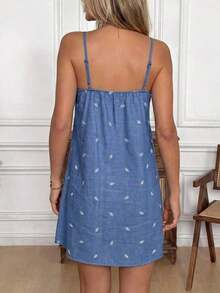 Vestido camisero casual de vacaciones para mujer con decoración bordada de flores 3D - Azul y blanco - Ver 2
