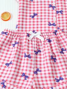 2pcs/Set Comfortable Plaid Bow Print Short Sleeve Top And Bow Shorts Women's Pajama Set, Suitable For All Seasons - Pink - View 6