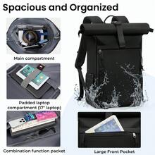 Rolltop Rucksack Damen Herren, Rucksack Wasserdicht, Laptop Rucksack 17 Zoll Groß Reiserucksack Daypacks Backpack Wanderrucksack Schwarz - Schwarz - Übersicht 4