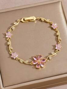 1pc High Quality Shiny Zirconia Tennis Bracelet, Electroplated , Unique Floral & Leaf Design In Pink, Green, Purple, Colorful Cubic Zirconia, Fashionable Daily/Festival Gold Accessory, Bridal Jewelry, Bridesmaid Gift, Mother's Day Gift, Valentine's Day Christmas Gift, Summer Accessory - Gold - View 3