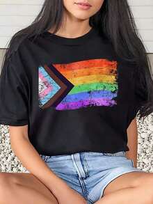 1 Piece Women's T-Shirt With Rainbow Pride Flag Print, For Pride Month, Casual, Round Neck, Short Sleeve, Soft And Comfortable, 220g/180g, 100% Cotton - 白色 - 查看 6