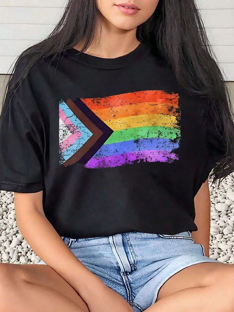 1 Piece Women's T-Shirt With Rainbow Pride Flag Print, For Pride Month, Casual, Round Neck, Short Sleeve, Soft And Comfortable, 220g/180g, 100% Cotton - 黑色 - 查看 1