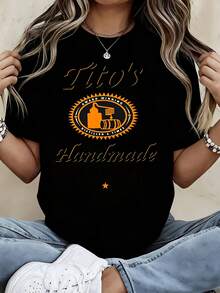 Classic Style Women's T-Shirt Tito's Handmade Vodka Logo Design Casual Wear For Everyday Use Perfect Gift For Friends And Family Who Love Spirits And Fashion - Black - View 1