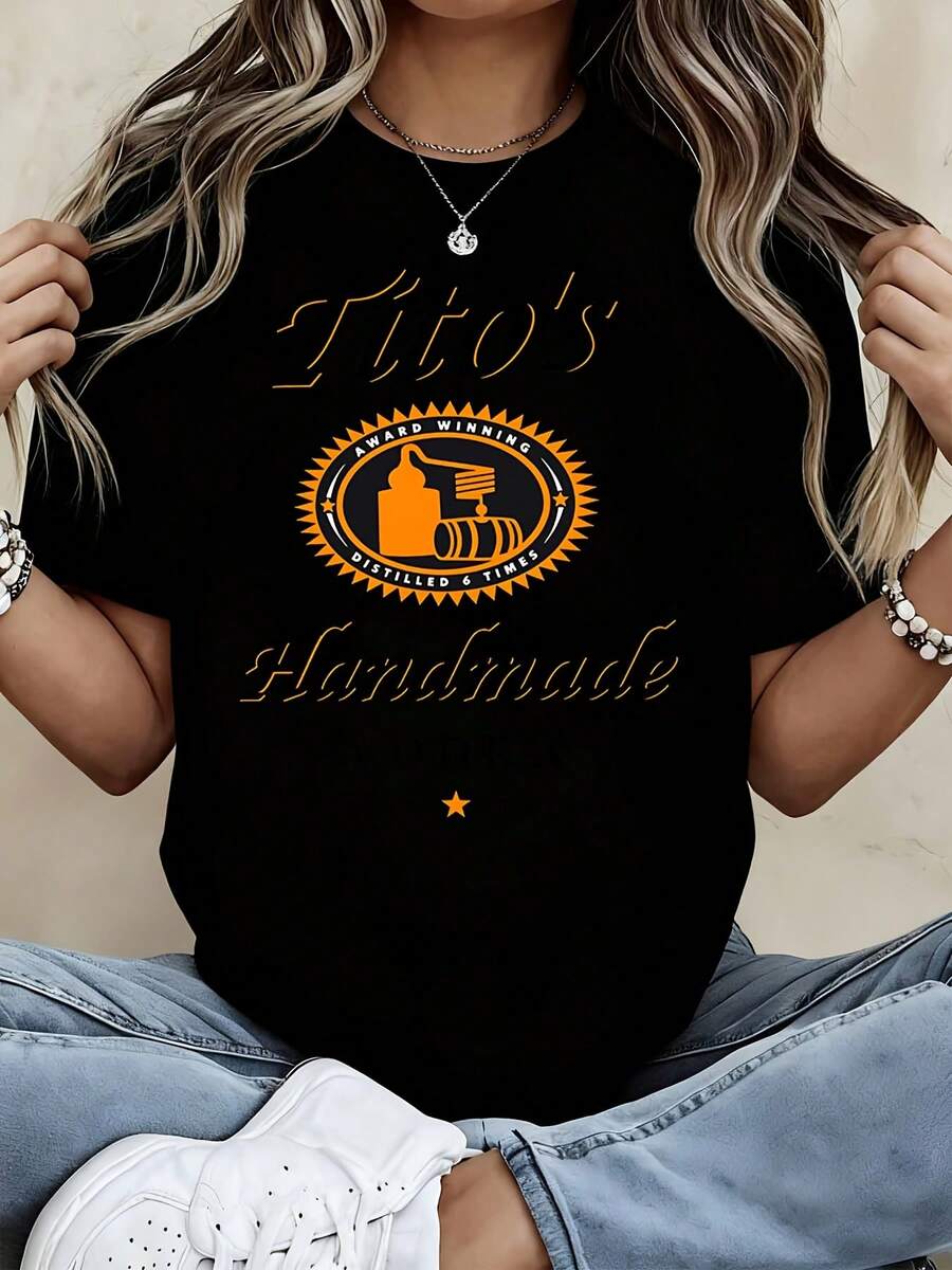 Classic Style Women's T-Shirt Tito's Handmade Vodka Logo Design Casual Wear For Everyday Use Perfect Gift For Friends And Family Who Love Spirits And Fashion - Black - View 1