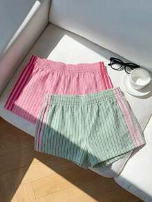 2 piezas Shorts casuales de estilo callejero para mujer con contraste de color en la cinta, shorts de lunares, verano - Multicolor 14 - Ver 5