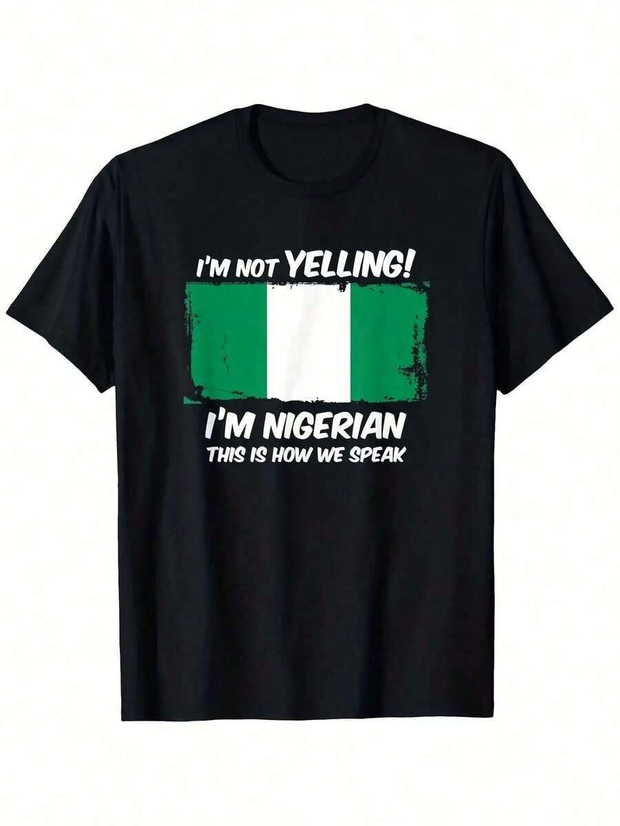 GiftT-Shirt "I'm Not Shouting, I'm Nigerian" With Bold Graphic Of The Nigerian Flag And Slogan "I'm Not Shouting! I'm Nigerian", Unisex, Casual, Crew Neck, Short Sleeve For Men And Women, Sizes S-XXXL, BlaSame Style For Men And Women, Summer Print, Soft. - 黑色 - 查看 1