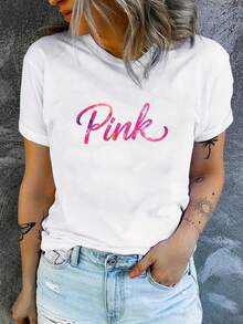 Camiseta Casual de Manga Corta para Mujer: Diseño con Degradado en Rosa, Holgada y Cómoda, Ideal para Looks Informales y al Aire Libre, Añade Diversión y Estilo a tu Armario de Primavera y Verano - Blanco - Ver 2