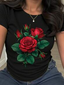 T-Shirt With Rose Floral Print, Short Sleeve, Round Neck, Casual Top, For Summer And Spring, Women's Clothing, Exquisite Feminine Fashion, Elegant And Versatile T-Shirt, Classic, Breathable, Sweat-Absorbing, New And Professional. - 黑色 - 查看 11