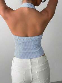 delgado de mujer de algodón con rayas, cuello alto y abotonadura sencilla, para otoño/invierno - Azul y blanco - Ver 2
