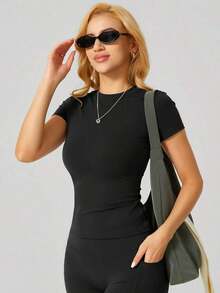 1 pieza Camiseta deportiva de manga corta de ajuste ceñido y minimalista para mujer, ideal para el verano - Negro - Ver 4
