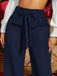 Pantalones negros anchos de verano con cintura de cordón sólido - Azul marino - Ver 5